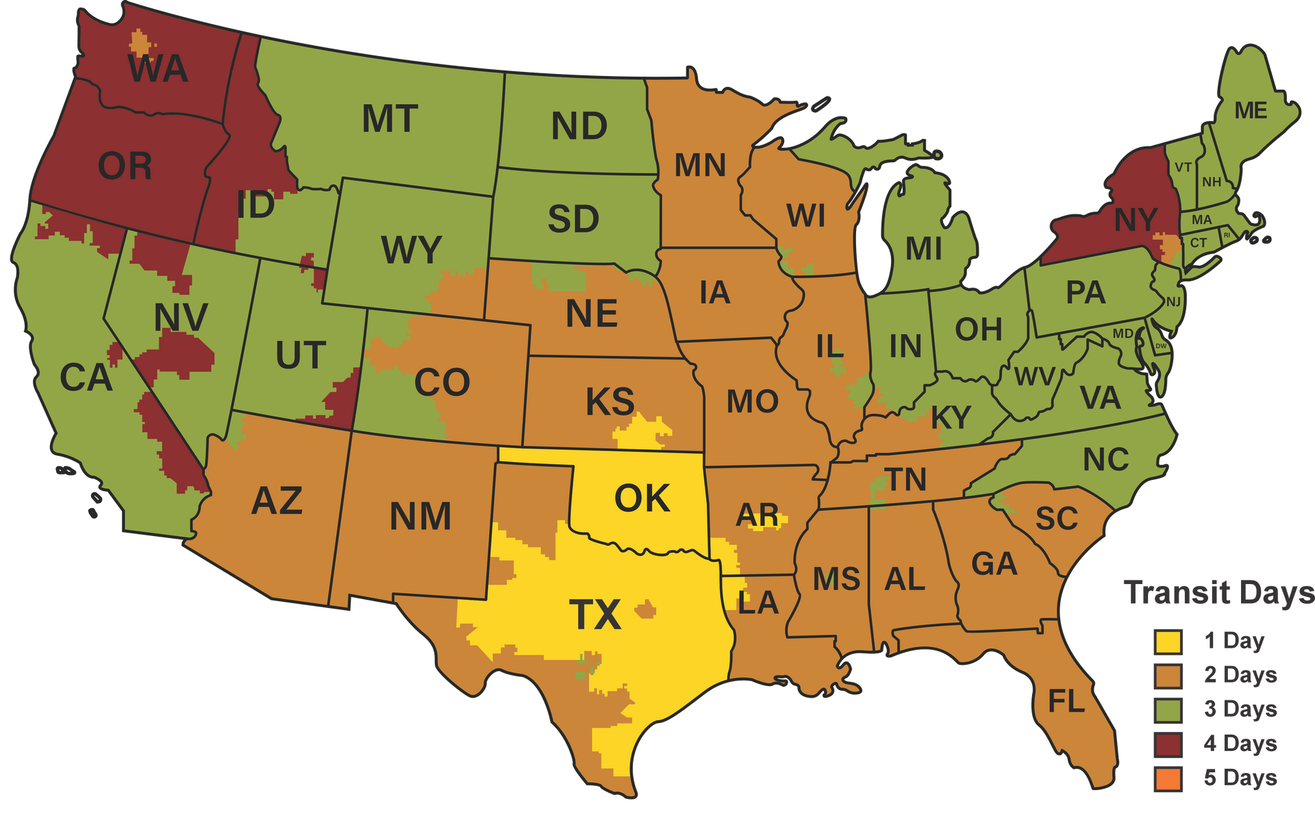 UPS Ground transit days map from Arlington, Texas