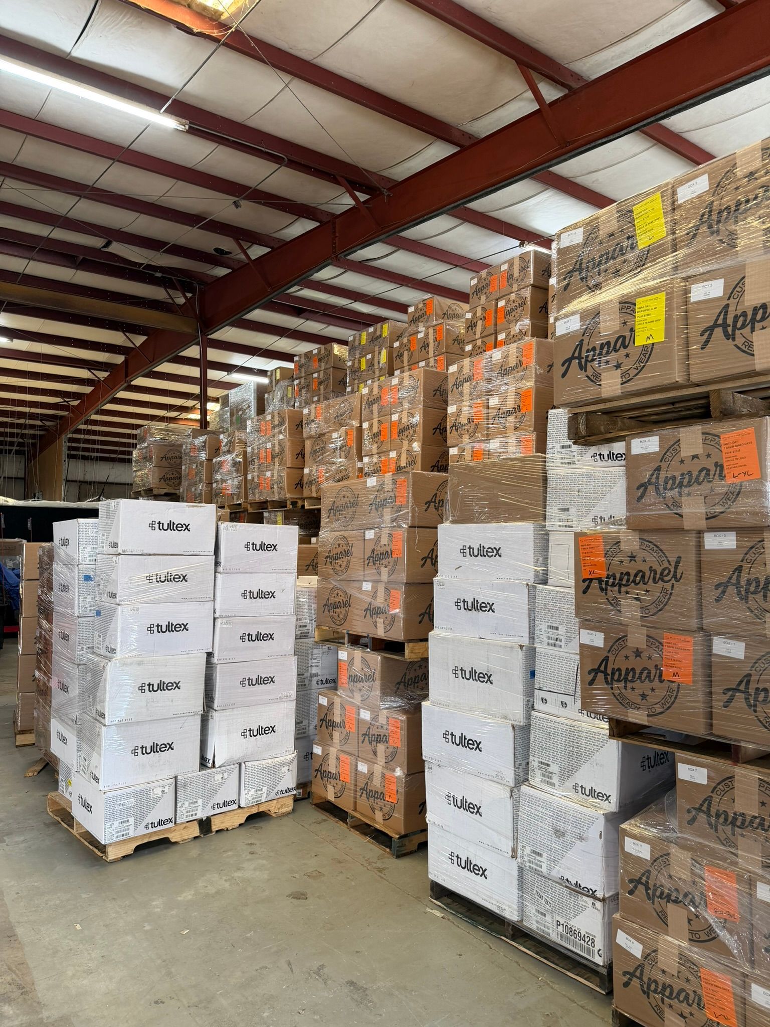 HTG warehouse racking with stored apparel inventory