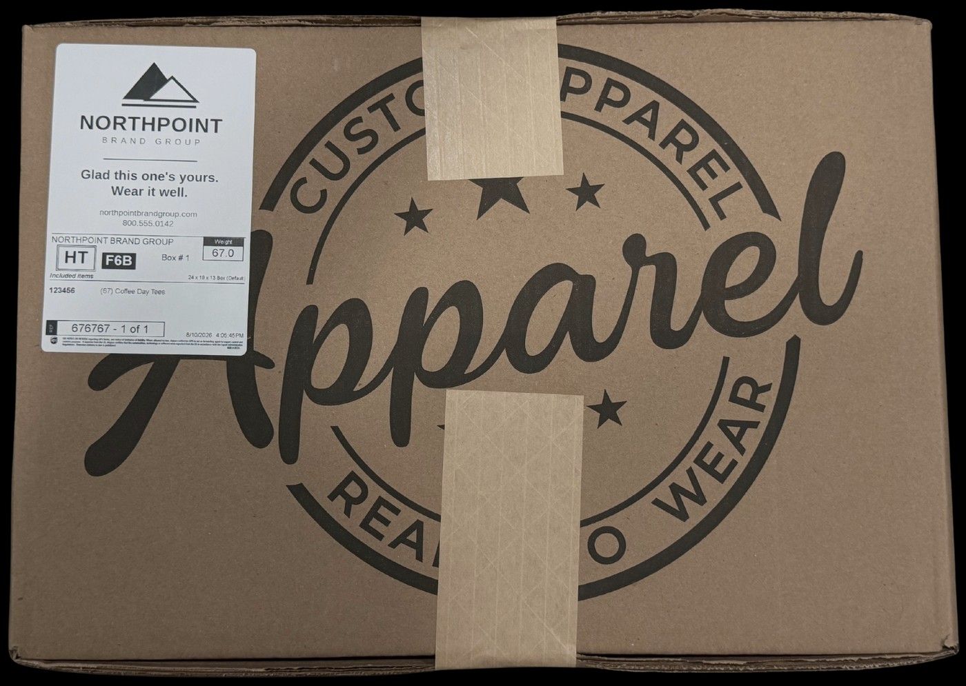 Sealed shipping box with a distributor branded label applied in the upper corner