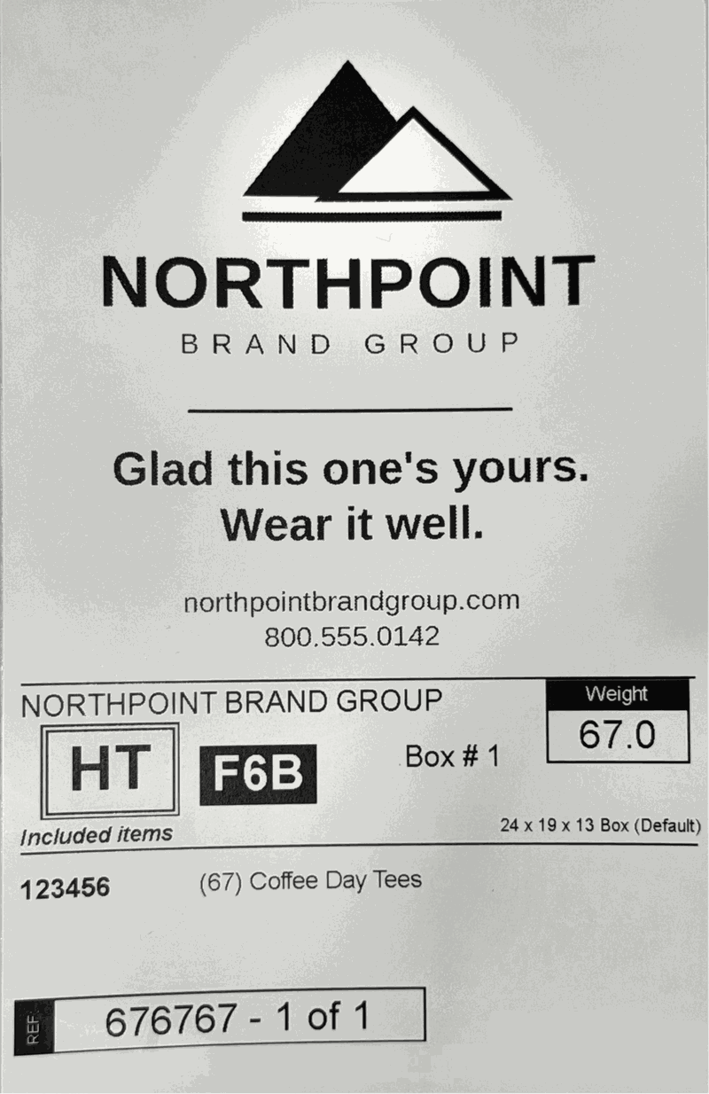 Shipping label with a distributor logo, tagline, website and phone number printed in the top branded area
