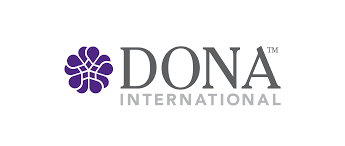 Dona International logo with a purple floral symbol and gray text on a white background