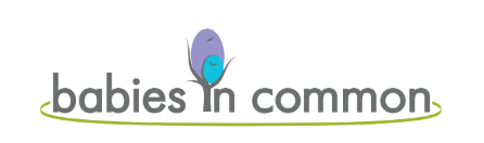Logo reading “babies in common” with a blue-green leaf icon above the text and a green line underneath