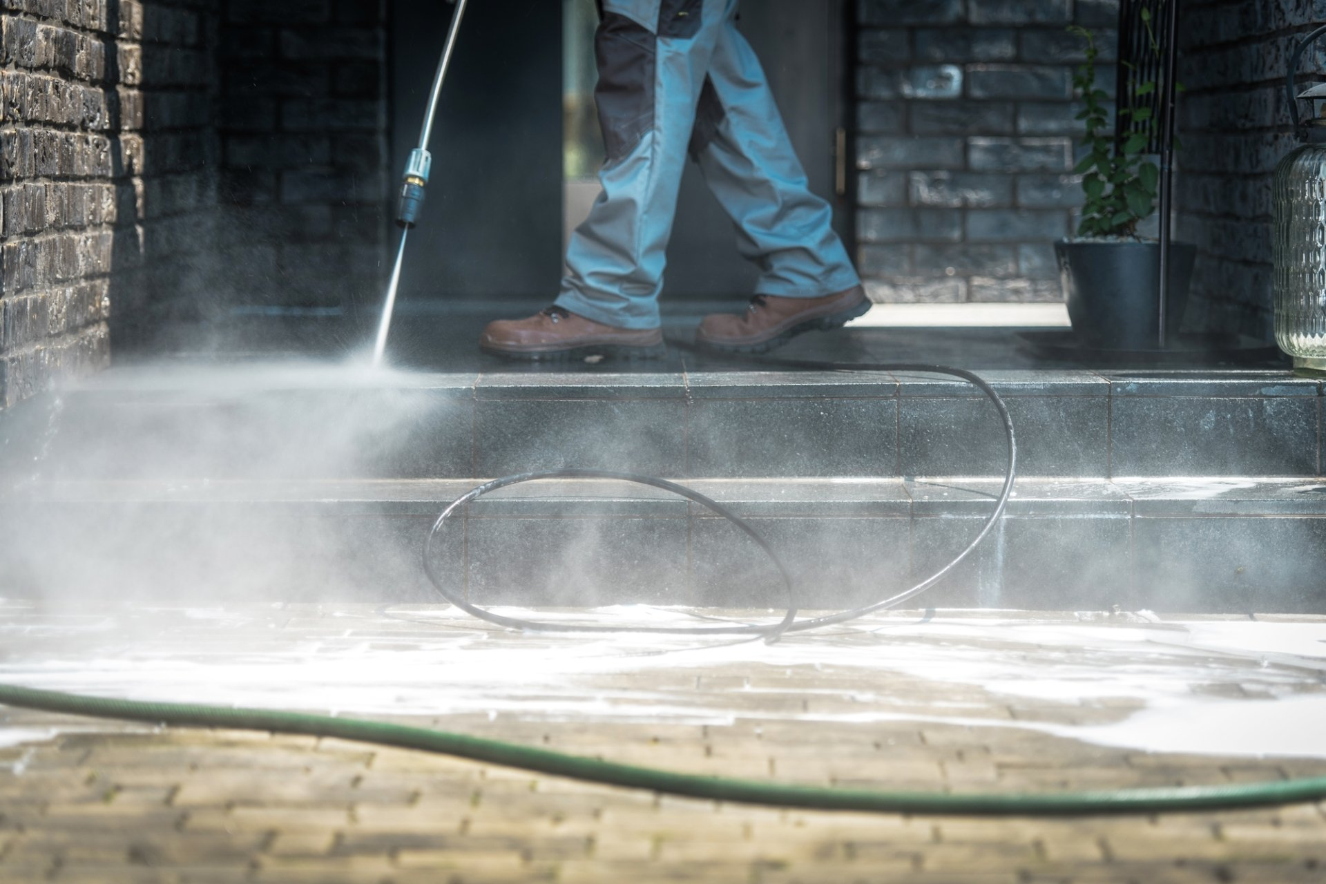 power washing finished stone steps on front porch