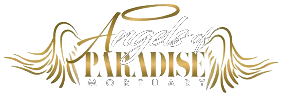 Golden “Angels of Philamortuary” logo with stylized angel wings on a white background