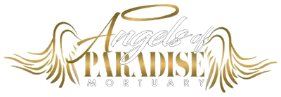 Golden “Angels of Philamortuary” logo with stylized angel wings on a white background