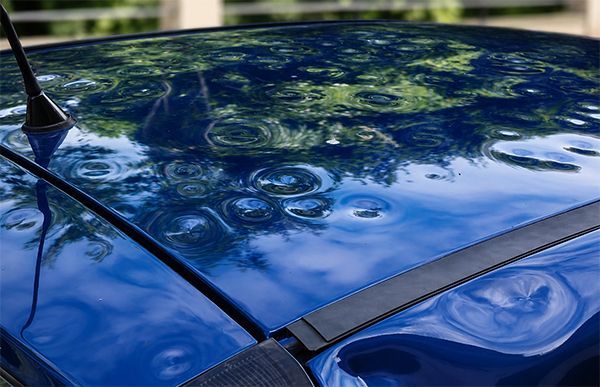Blue car roof covered in dents and water droplets, with reflections of trees and sky