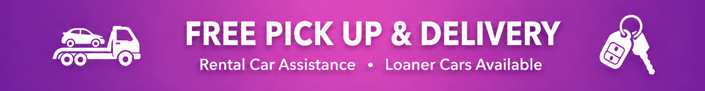 Purple banner reading “FREE PICK UP & DELIVERY” with car and key icons, and smaller text “Rental Car Also Available”