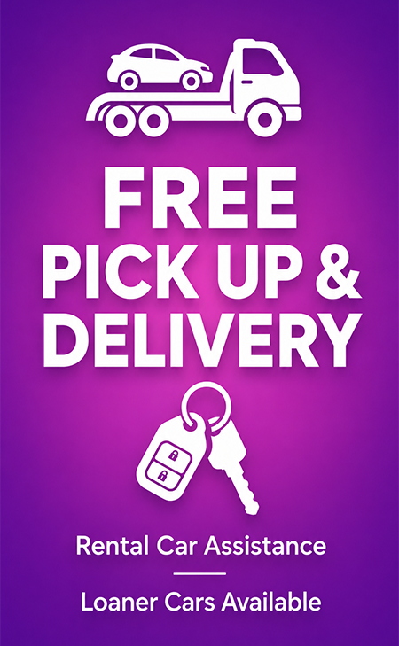 Purple promo graphic offering free pick up and delivery, with rental car, keys, and loaner cars available.