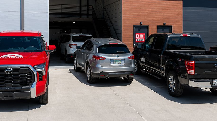 Cars parked outside a brick garage, including a red truck, silver SUV, and black pickup.