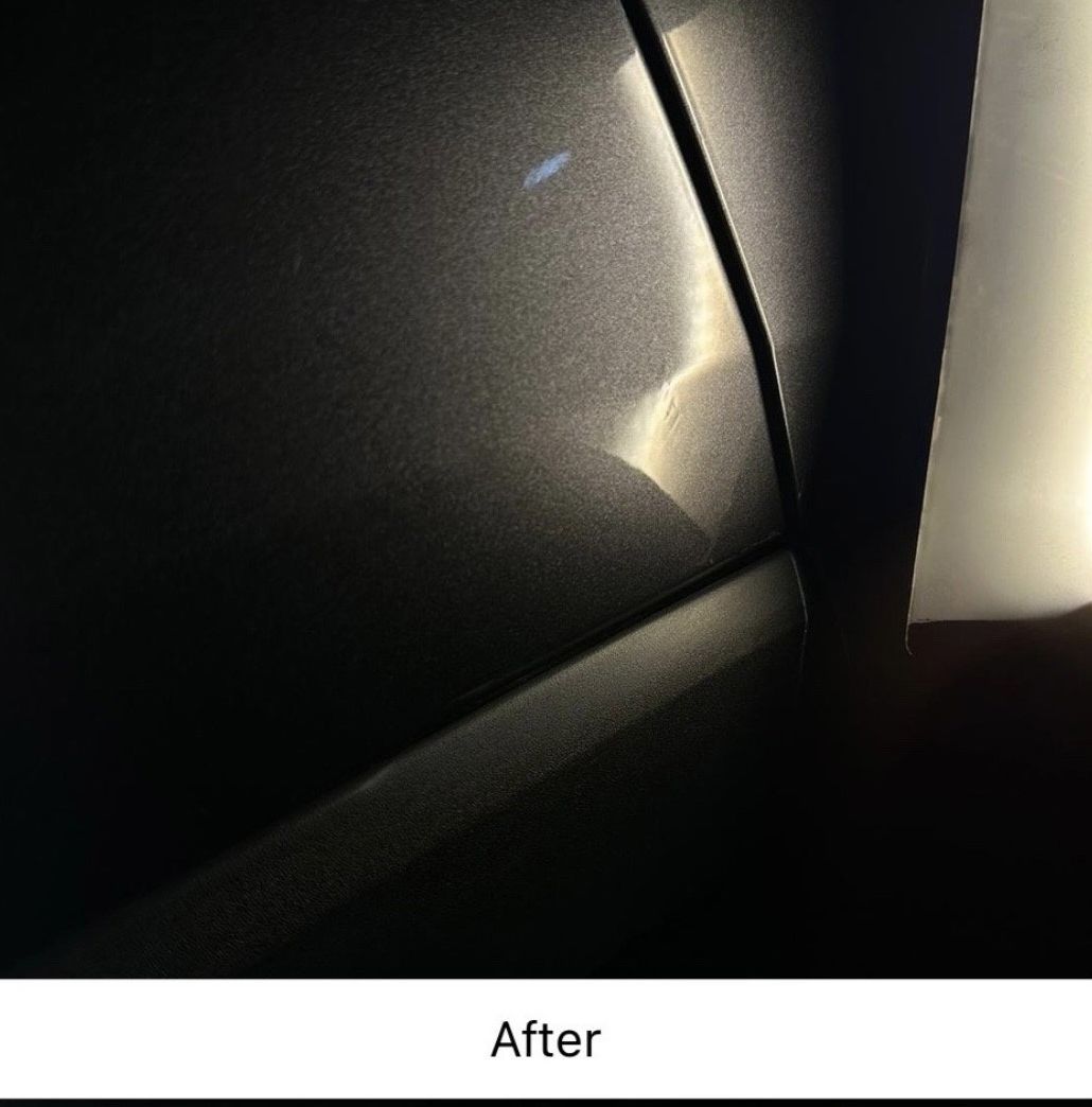 Dark car interior with sunlight reflecting on a window, labeled “After”