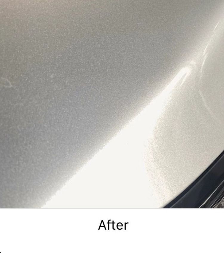 Close-up of a silver car panel with a reflective white streak, labeled “After” below