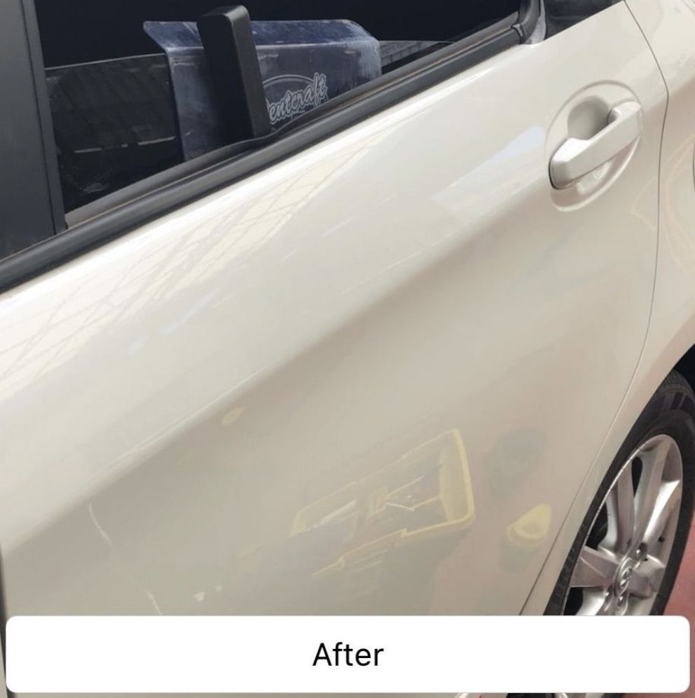 Close-up of a white car door with a visible dent and scratch, labeled “After”