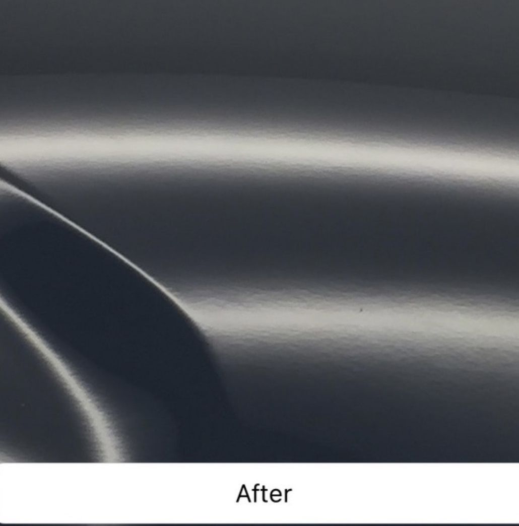 Close-up of a smooth dark gray surface with a curved highlight; labeled “After” at the bottom.