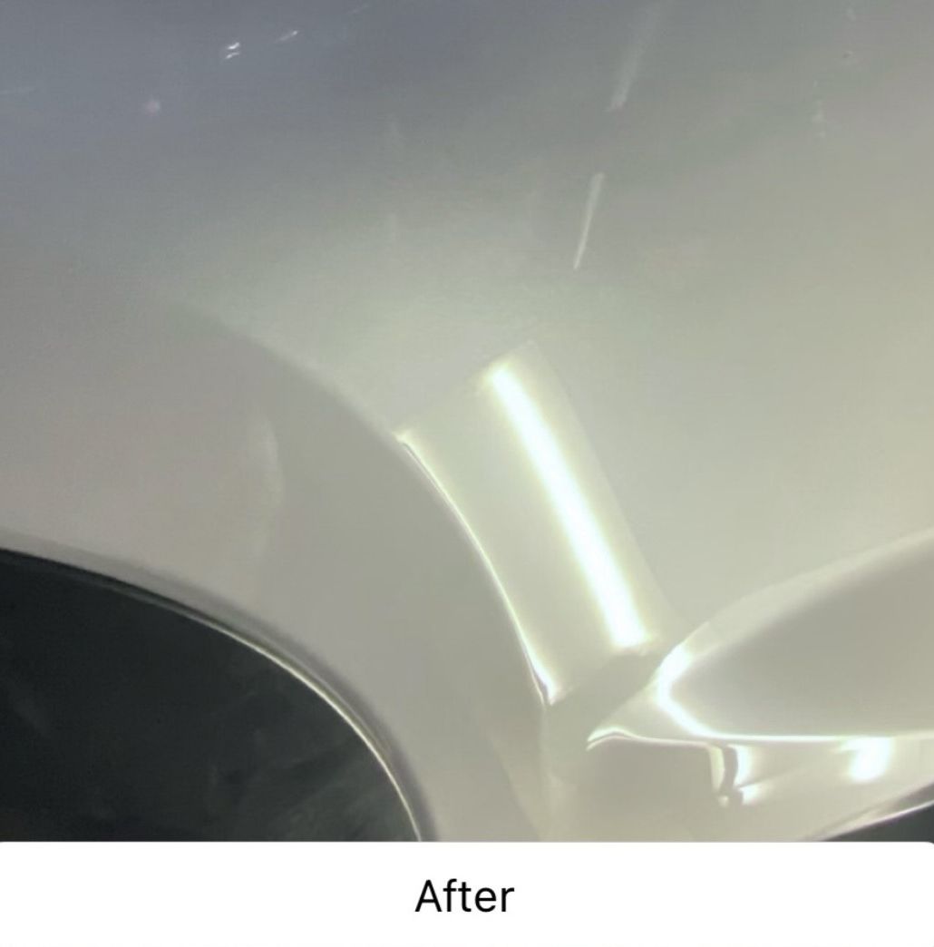 Close-up of a white car panel with a shiny repaired dent, labeled “After”