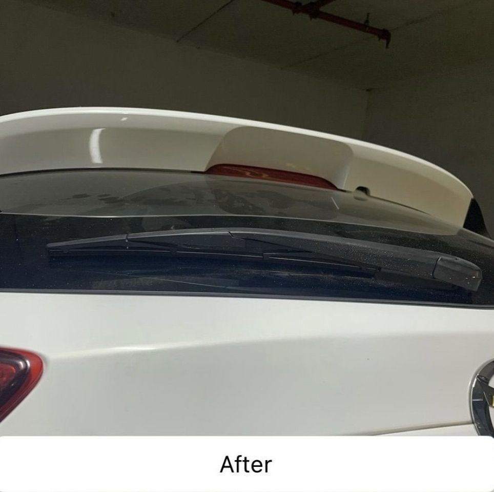 Rear of white car with raised spoiler and rear window, labeled “After”