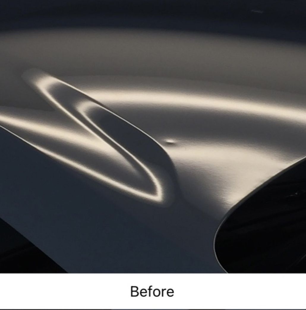 Close-up of a glossy dark car hood with a visible dent and reflection, labeled “Before”