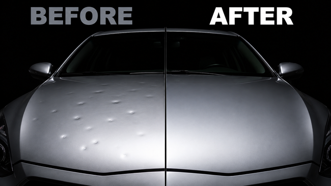 Before-and-after of a silver car hood with water droplets removed on the right side.