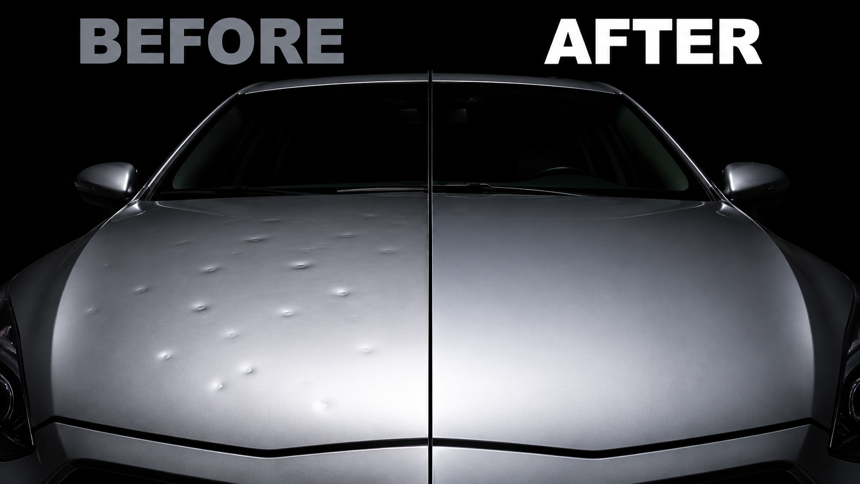 Side-by-side car hood comparison: left labeled BEFORE with water droplets, right labeled AFTER clean and glossy.
