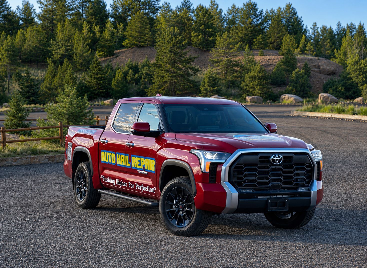Red pickup truck with large yellow lettering parked on a dirt road by a forest under a clear sky