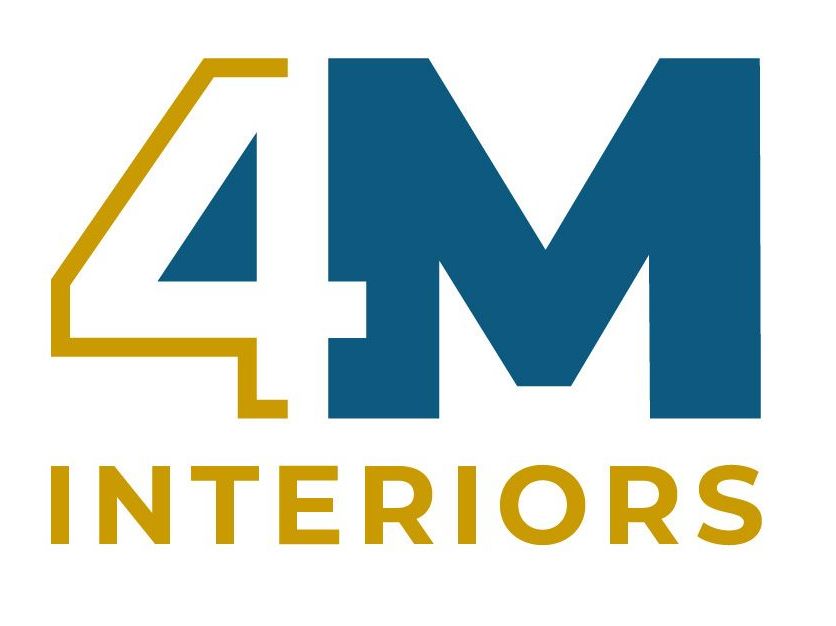 A blue and gold logo for 4m interiors