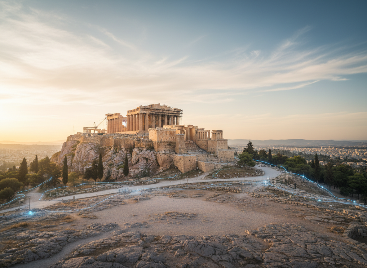 Acropolis of Athens site context for fiber optic network study and supervision