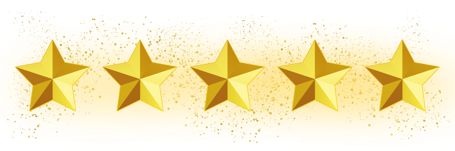 Five gold stars in a horizontal row on a white background with gold sparkles