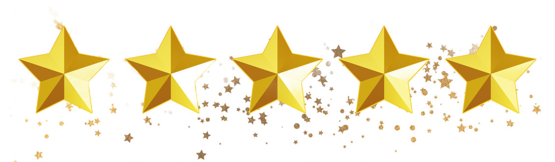 Five gold stars with glittering confetti on a white background