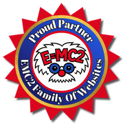 E=MC2 badge with red starburst, blue ring, and text 