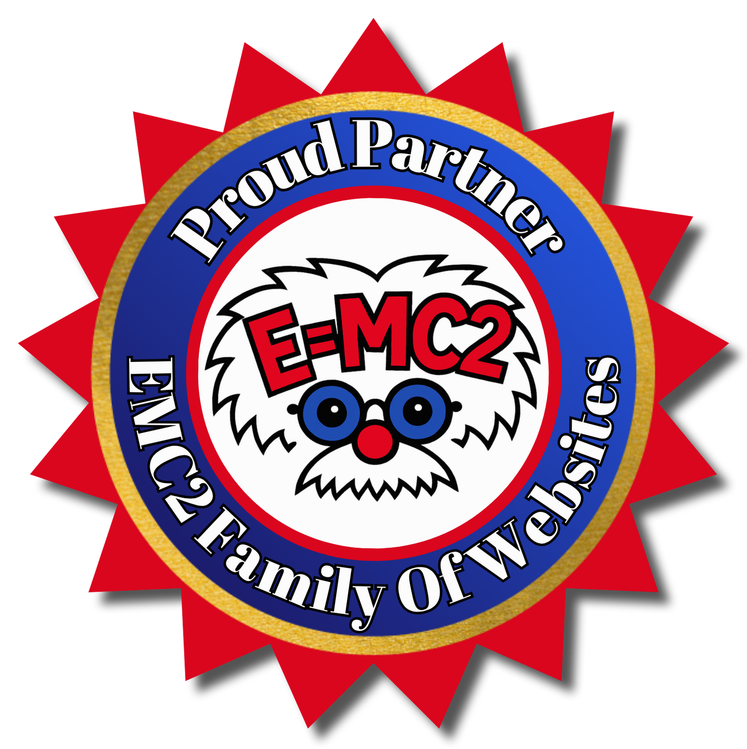 F=MC2 proud partner seal for NYC2 Family of Volunteers, red and blue with cartoon face