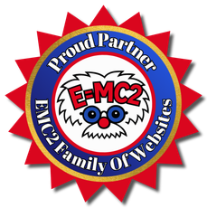 F=MC2 proud partner seal for NYC2 Family of Volunteers, red and blue with cartoon face