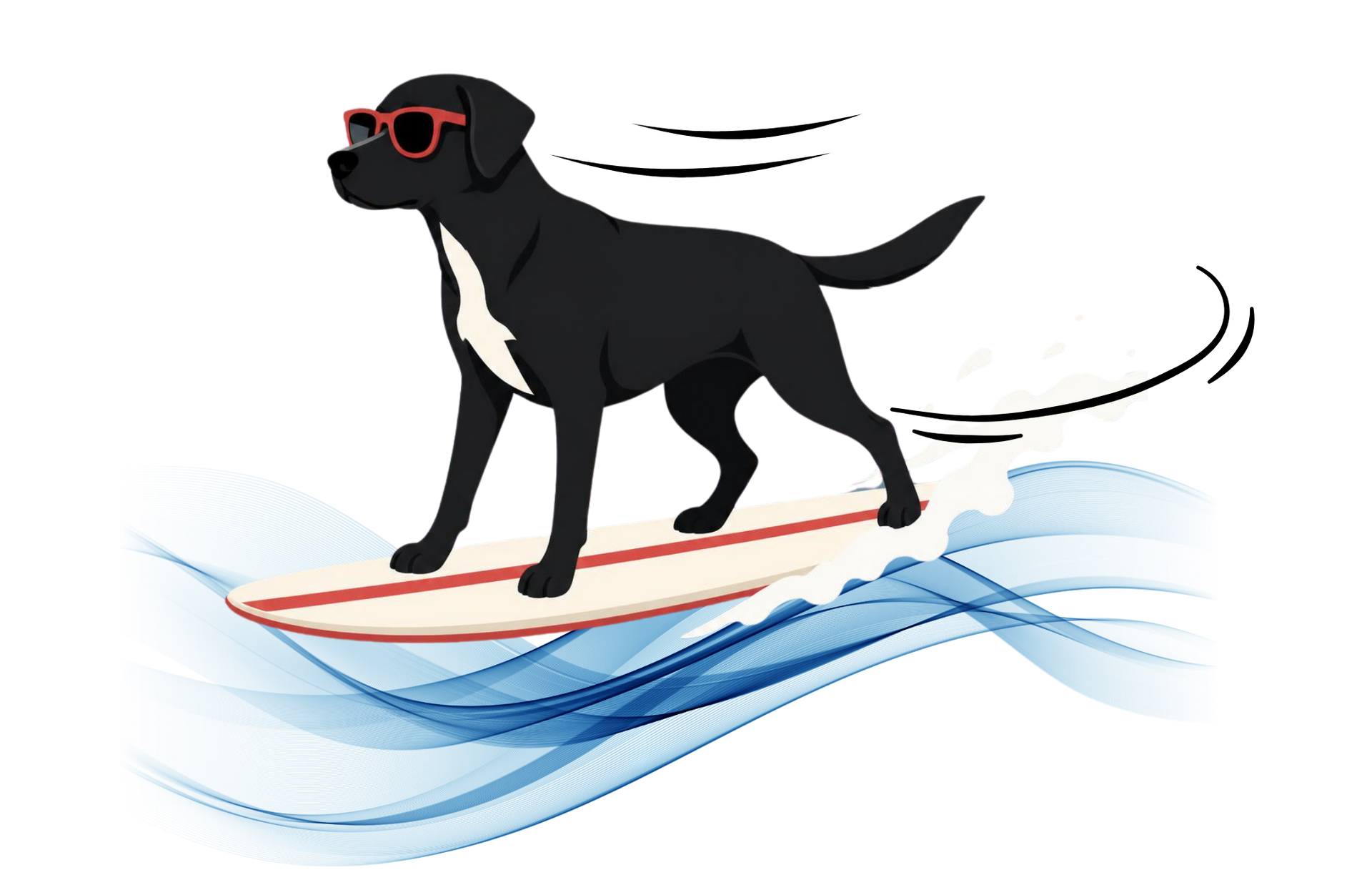 Black dog wearing red sunglasses surfing on a red board over blue waves