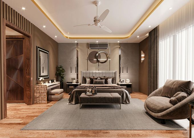 Modern living room with neutral tones, large rug, sofa, lounge chair, ceiling fan, and floor-to-ceiling curtains