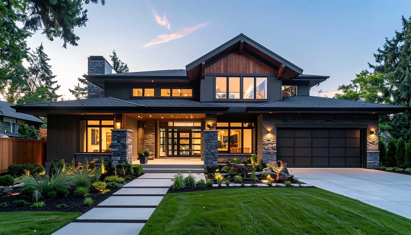 Modern two-story house at dusk with warm lights, large windows, manicured lawn, and paved walkway
