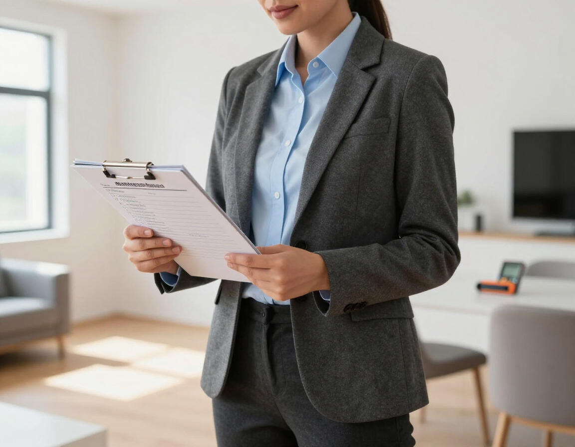 Property manager reviewing a maintenance checklist during a home inspection