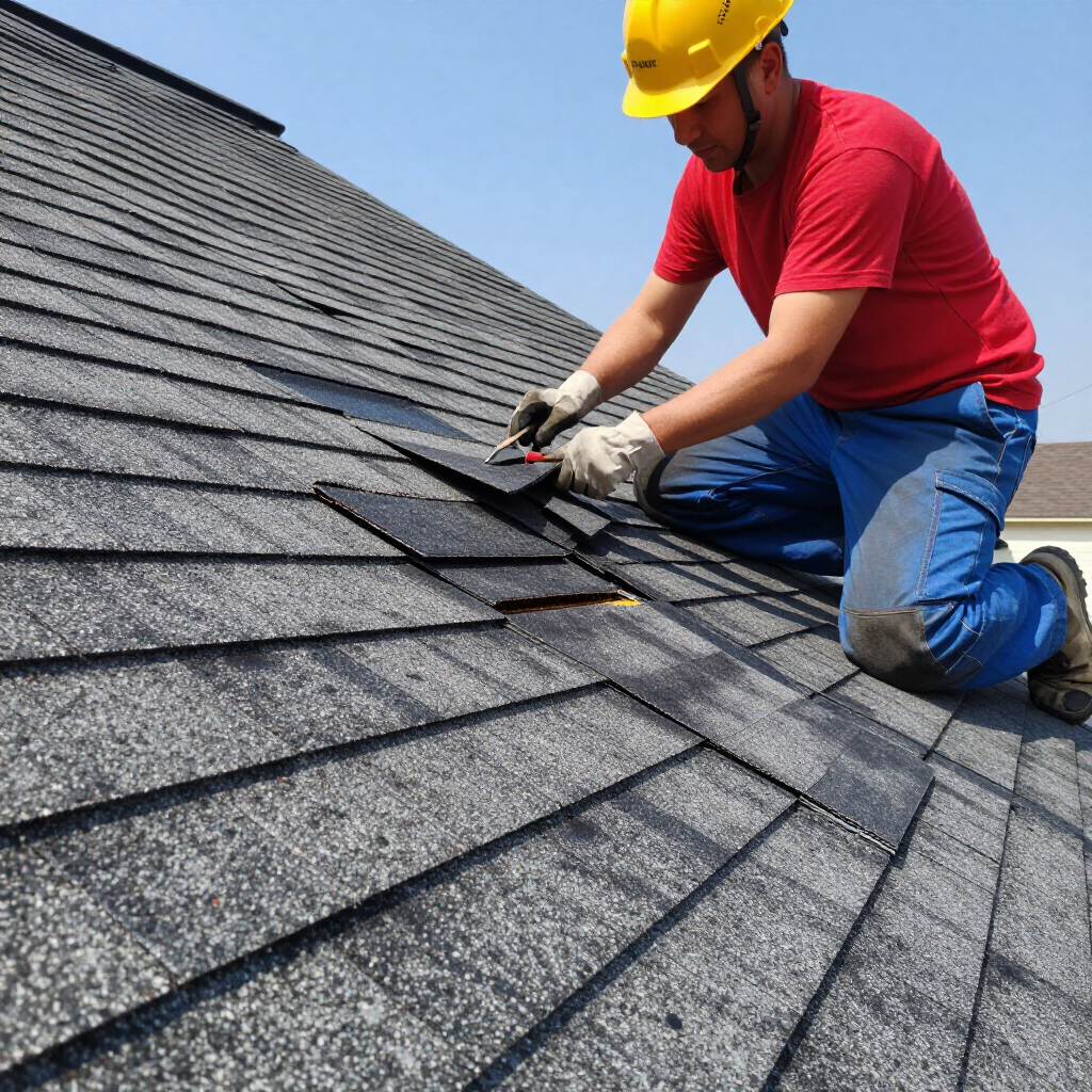 A person in a yellow hard hat and red shirt kneeling on a gray shingled roof, repairing a section of shingles.