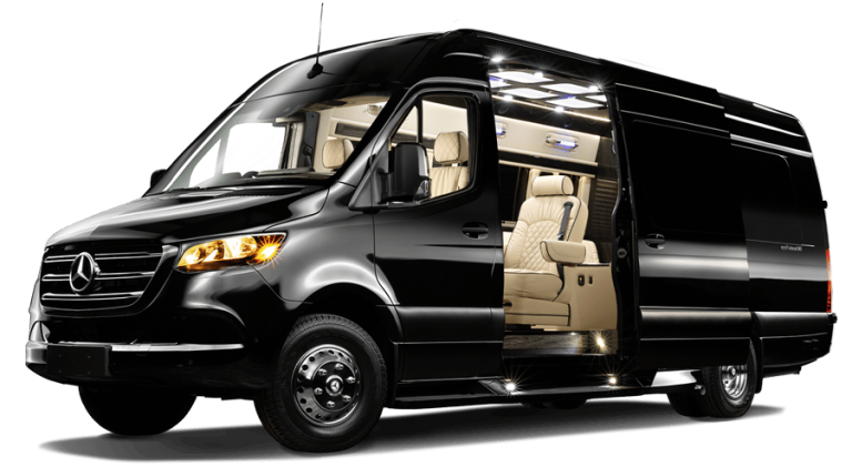 Black luxury Mercedes van with sliding door open, showing beige interior seating.