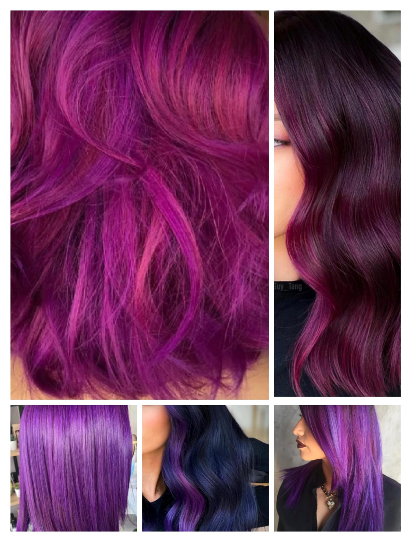 Collage di variazioni di colore viola e magenta lucido su capelli lunghi e ondulati