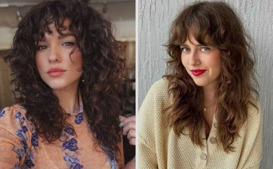 Due ritratti affiancati di una persona con capelli castani ricci, che indossa una maglietta color lavanda e un maglione color crema, su sfondi neutri.