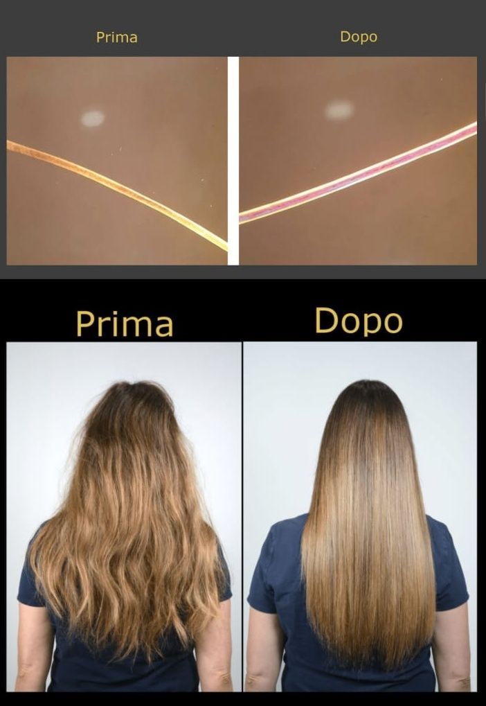 Trattamento per capelli prima e dopo: primi piani delle ciocche e vista posteriore che mostrano capelli più lisci e setosi dopo il trattamento.