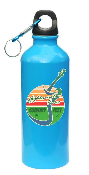 A blue water bottle with a guitar on it