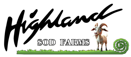 A logo for highland sod farms with a goat in the grass