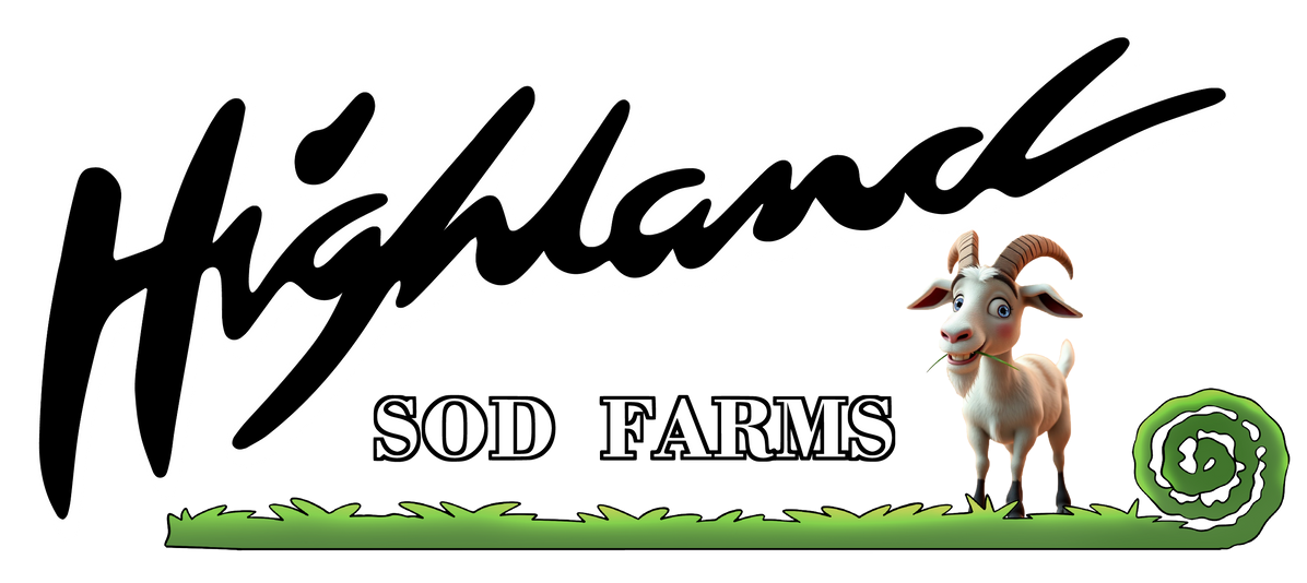 A logo for highland sod farms with a goat in the grass