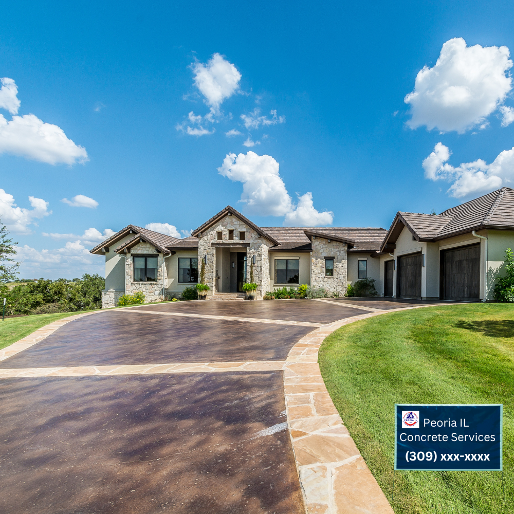 A large house with a concrete driveway in front of it
