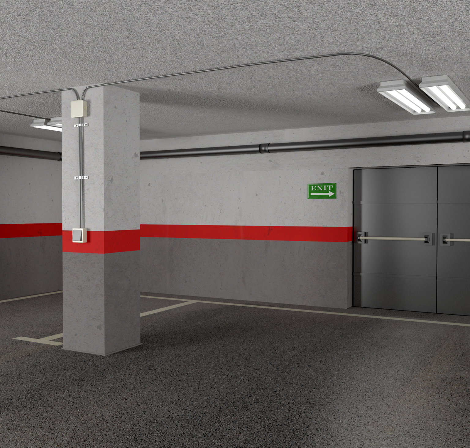A parking garage with a green exit sign on the wall