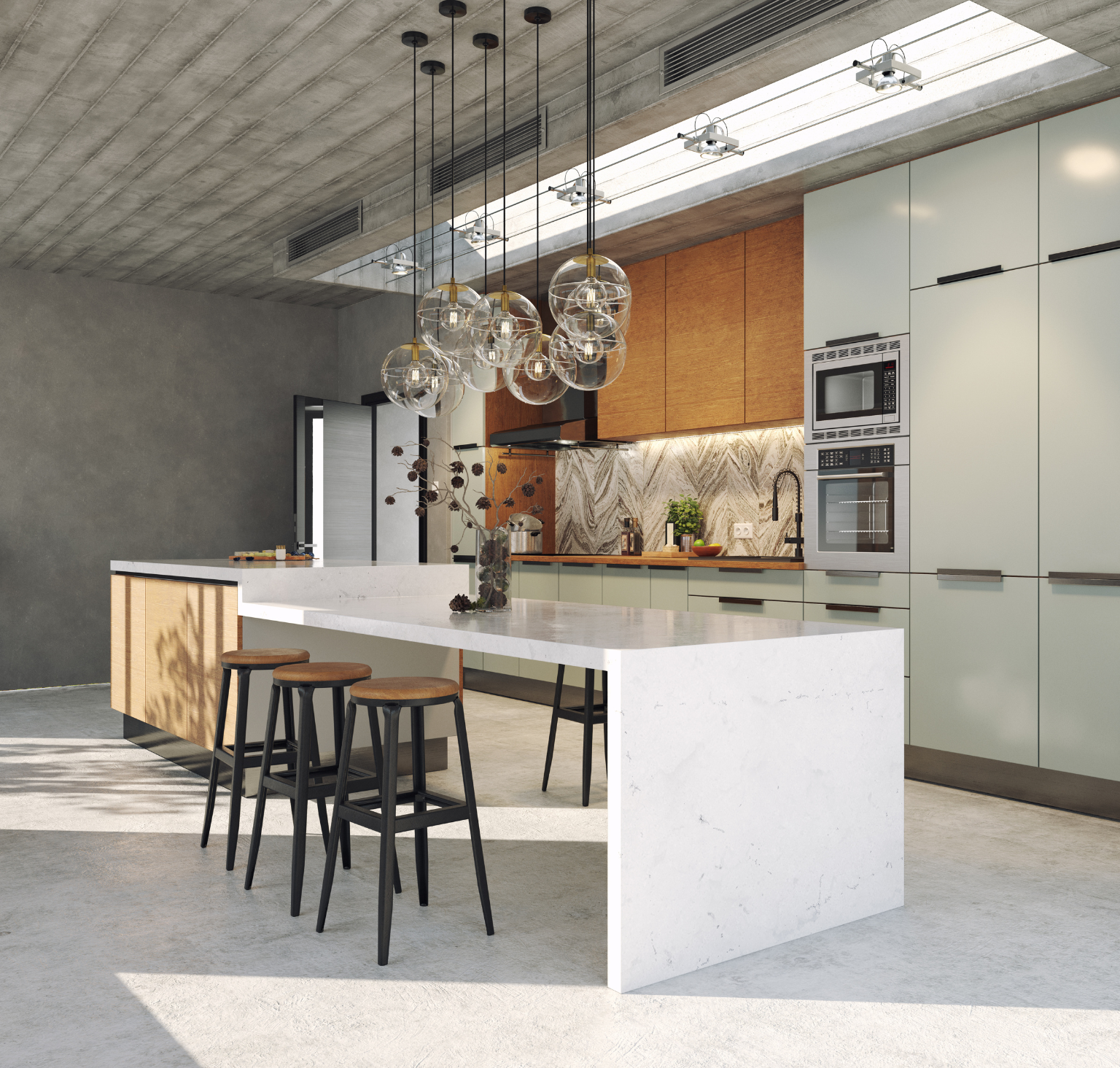 A kitchen with a large island and stools