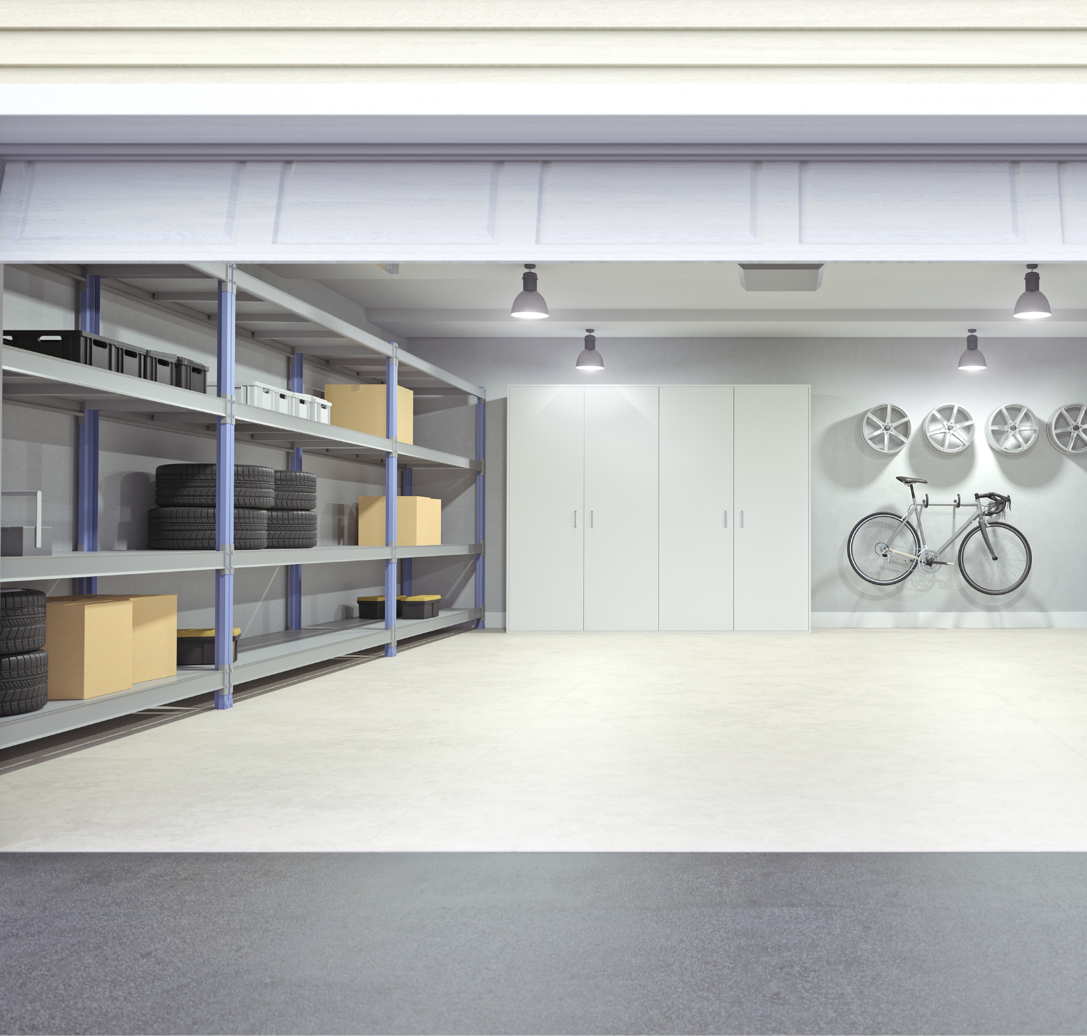 A bicycle is hanging on a wall in a garage