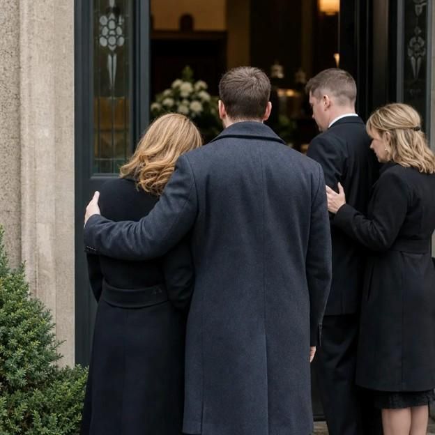 Family members comforting one another as they enter a funeral home for a memorial service