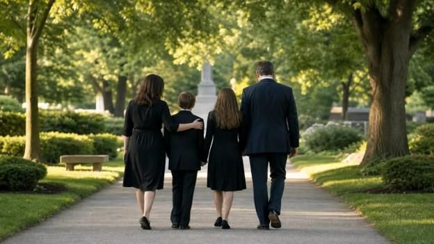 Family of four walking together along a tree-lined cemetery path in remembrance
