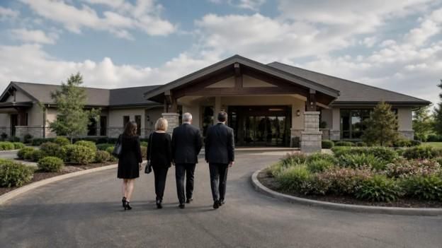 Four people walking toward a funeral home entrance surrounded by landscaped gardens