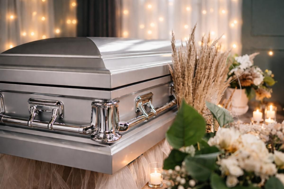 Casket surrounded by flowers and candles at a memorial service, representing a funeral home and cremations Brookfield, IL.